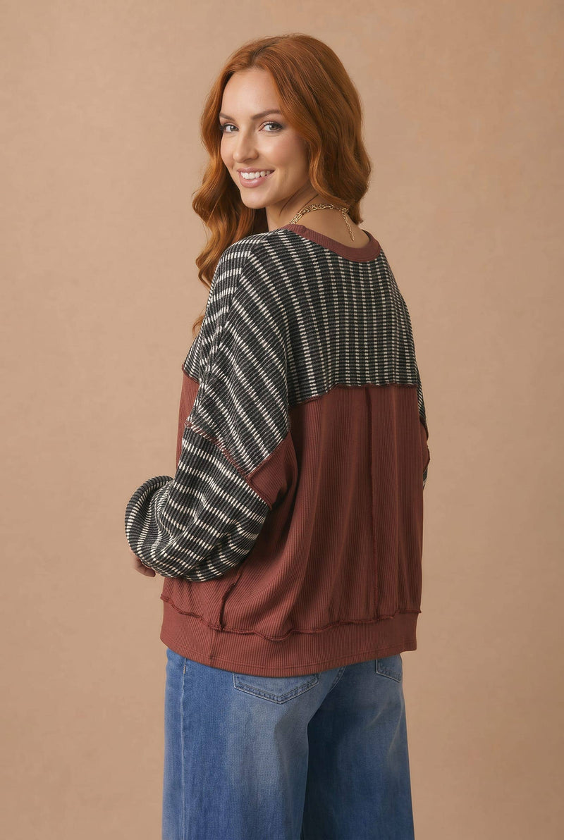 Throwback Stripe Contrast Trim Sweatshirt: Charcoal/ Maroon