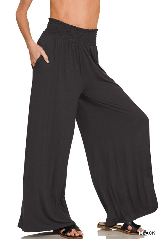 Rhea Smocked Waist Wide Leg Palazzo Pants – Soft Stretch Flowy Pants with Pockets