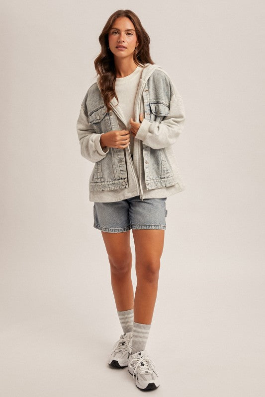 The Delaney Denim Contrast Hoodie Jacket – Twofer Layered Zip Up