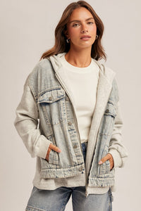 The Delaney Denim Contrast Hoodie Jacket – Twofer Layered Zip Up