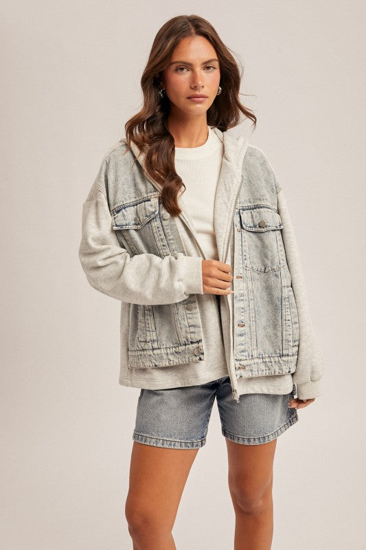 The Delaney Denim Contrast Hoodie Jacket – Twofer Layered Zip Up
