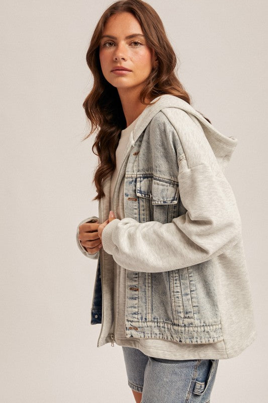 The Delaney Denim Contrast Hoodie Jacket – Twofer Layered Zip Up