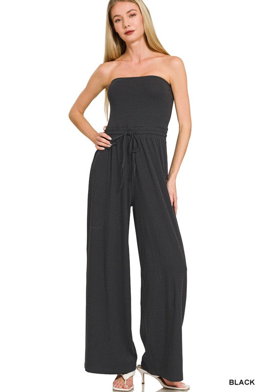 Yara Strapless Tube Top Wide-Leg Jumpsuit – Women’s Stretch Cotton Pull-On One-Piece