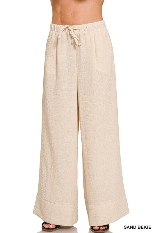 Maren Airflow Wide Leg Drawstring Pants – Lightweight Woven Summer Pants with Elastic Waist