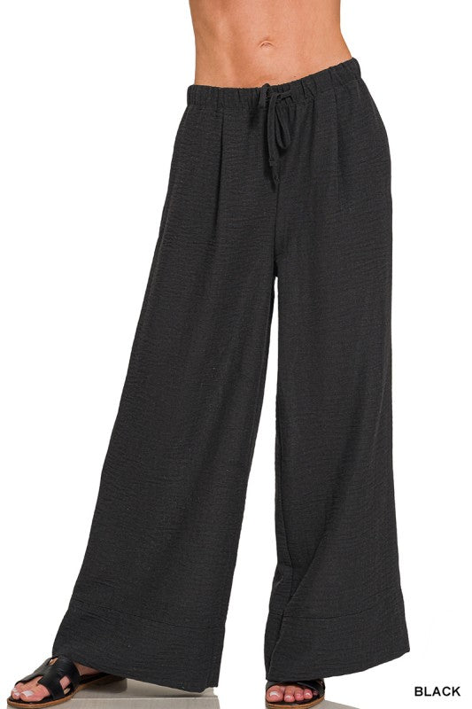 Maren Airflow Wide Leg Drawstring Pants – Lightweight Woven Summer Pants with Elastic Waist