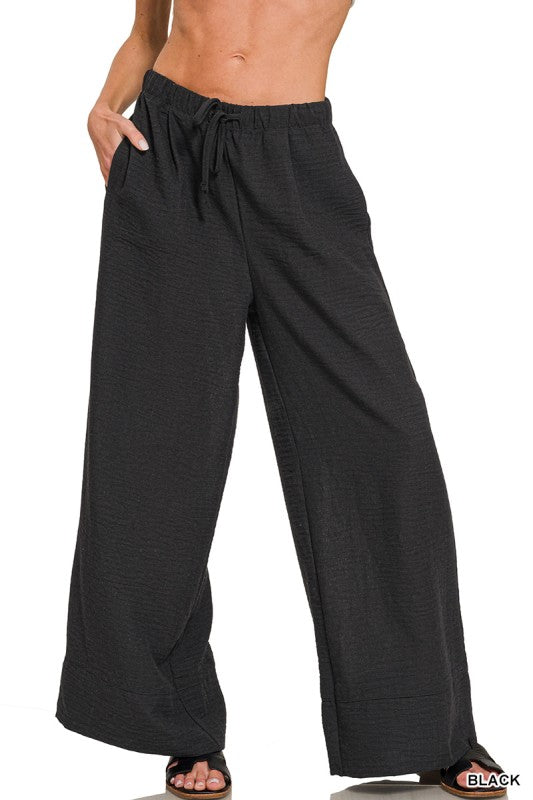 Maren Airflow Wide Leg Drawstring Pants – Lightweight Woven Summer Pants with Elastic Waist