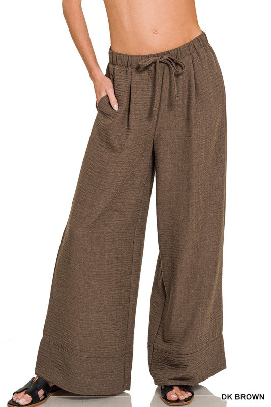 Maren Airflow Wide Leg Drawstring Pants – Lightweight Woven Summer Pants with Elastic Waist