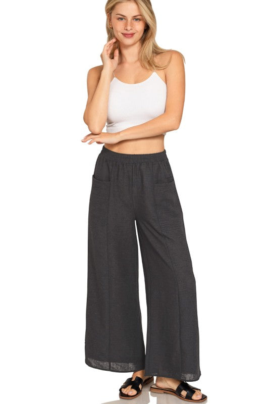 Nora Airflow Elastic Waist Wide Leg Pants – Lightweight Woven Pants with Pockets