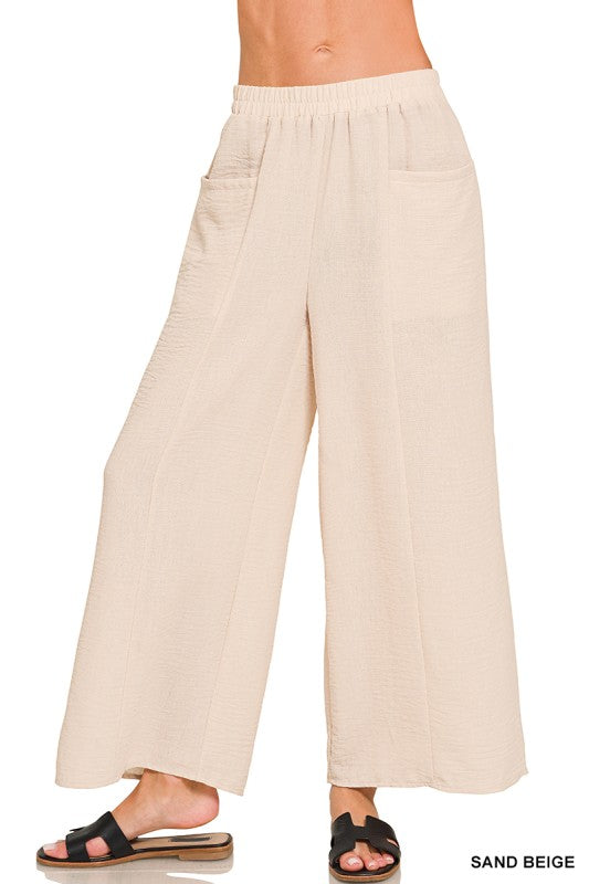 Nora Airflow Elastic Waist Wide Leg Pants – Lightweight Woven Pants with Pockets