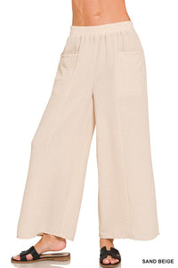 Nora Airflow Elastic Waist Wide Leg Pants – Lightweight Woven Pants with Pockets