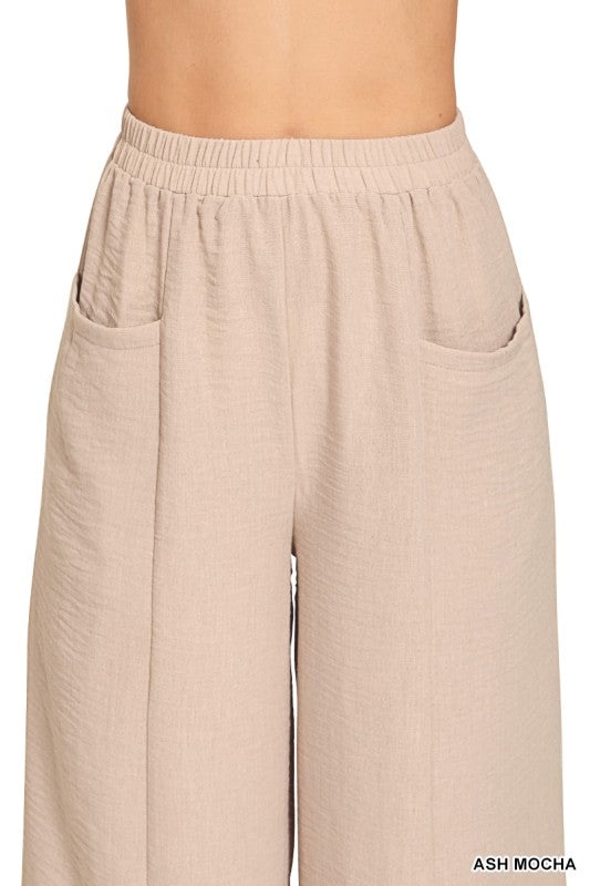 Nora Airflow Elastic Waist Wide Leg Pants – Lightweight Woven Pants with Pockets