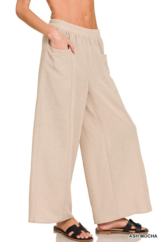 Nora Airflow Elastic Waist Wide Leg Pants – Lightweight Woven Pants with Pockets