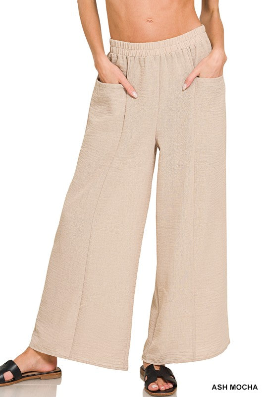 Nora Airflow Elastic Waist Wide Leg Pants – Lightweight Woven Pants with Pockets