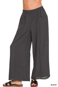Nora Airflow Elastic Waist Wide Leg Pants – Lightweight Woven Pants with Pockets