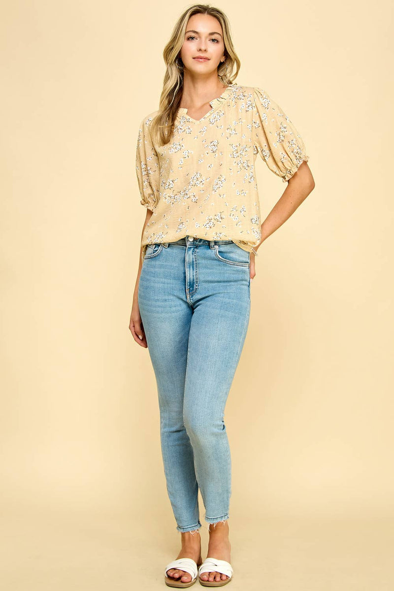 Daisy Lane Puff Sleeve Floral Blouse | V-Neck Ruffle Trim Top