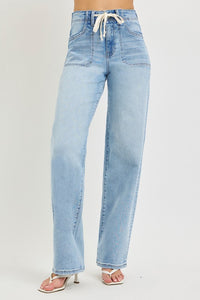 Risen "Holland" High Rise Wide Leg Jeans: Light Wash – Baggy Fit with Waist Tie Detail for Women