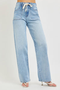 Risen "Holland" High Rise Wide Leg Jeans: Light Wash – Baggy Fit with Waist Tie Detail for Women