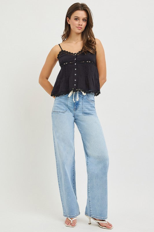 Risen "Holland" High Rise Wide Leg Jeans: Light Wash – Baggy Fit with Waist Tie Detail for Women