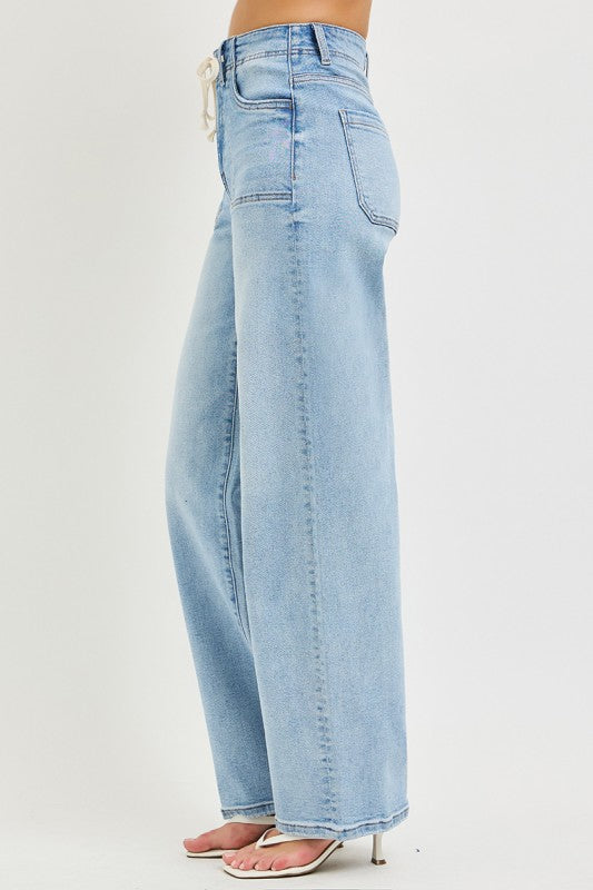 Risen "Holland" High Rise Wide Leg Jeans: Light Wash – Baggy Fit with Waist Tie Detail for Women