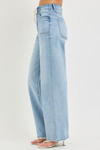Risen "Holland" High Rise Wide Leg Jeans: Light Wash – Baggy Fit with Waist Tie Detail for Women