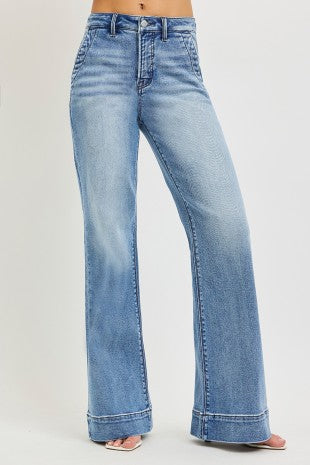 Risen "Long Story" High Rise  Tummy Control Wide Flare Jeans: Medium Wash