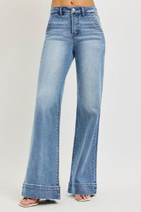 Risen "Long Story" High Rise  Tummy Control Wide Flare Jeans: Medium Wash
