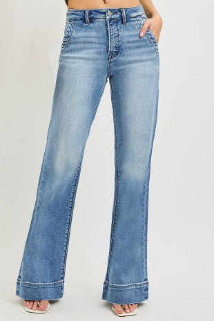 Risen "Long Story" High Rise  Tummy Control Wide Flare Jeans: Medium Wash
