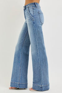 Risen "Long Story" High Rise  Tummy Control Wide Flare Jeans: Medium Wash