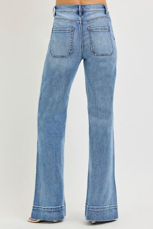 Risen "Long Story" High Rise  Tummy Control Wide Flare Jeans: Medium Wash