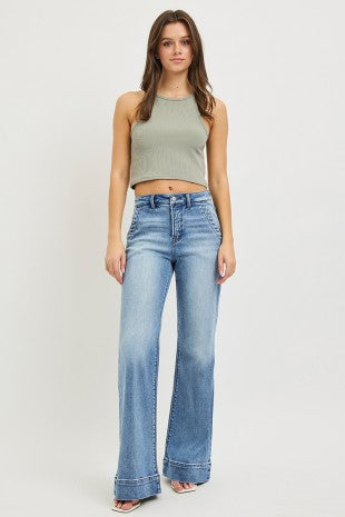 Risen "Long Story" High Rise  Tummy Control Wide Flare Jeans: Medium Wash