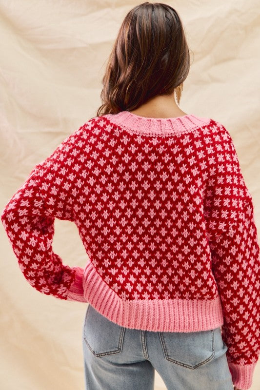 Poppy V-Neck Textured Holiday Sweater – Pink & Red Colorblock Knit Top