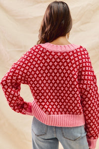 Poppy V-Neck Textured Holiday Sweater – Pink & Red Colorblock Knit Top