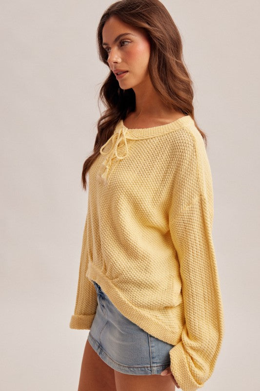 The Brielle Lace-Up Floral Back Sweater – Cotton Hi-Low Knit Top