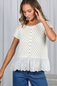 The Elodie Crochet Eyelet Ruffle Sweater: Cream