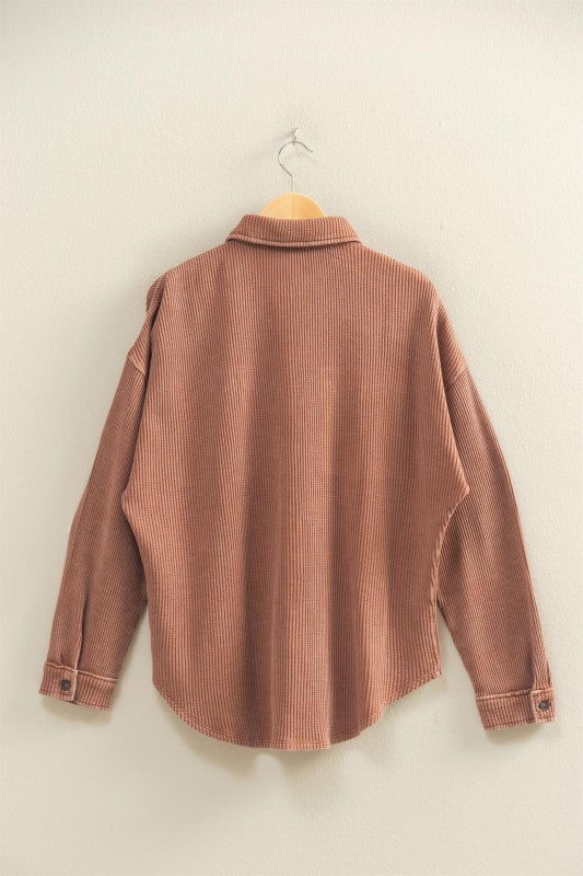 Maribel Oversized Mineral Washed Waffle Knit Shacket – Women’s Casual Button Down Shirt Jacket