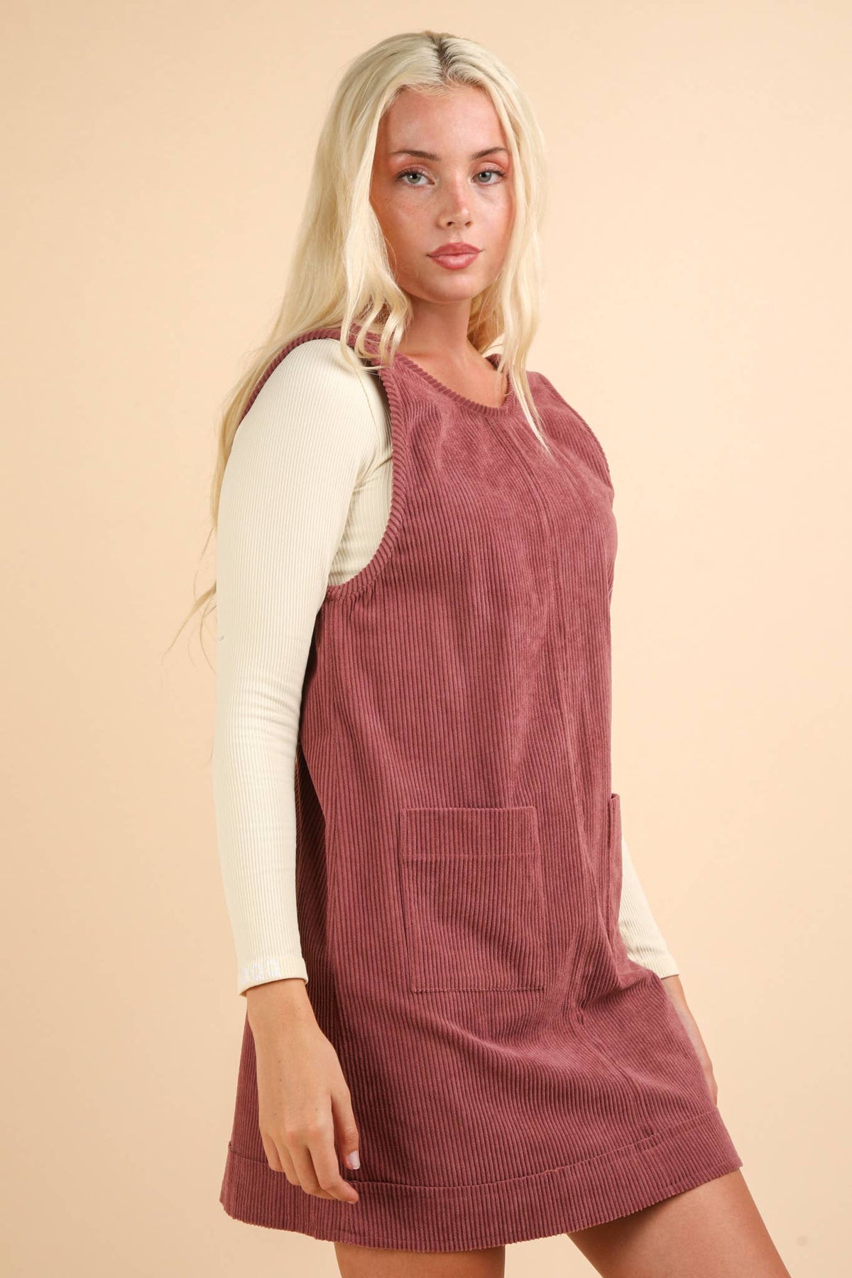 Lydia Corduroy Backless Casual Mini Dress: Mauve