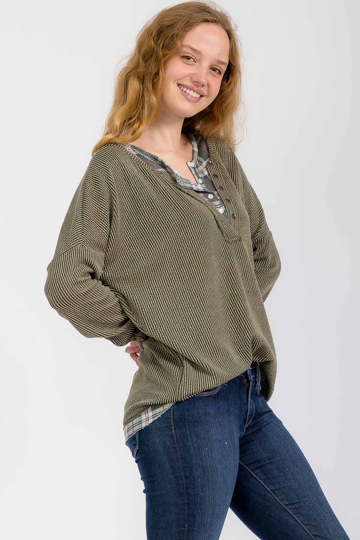 The Wren Plaid Trim Waffle Knit Top – Olive