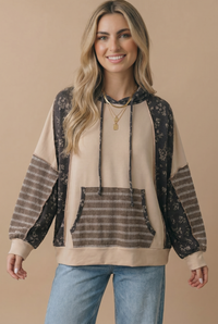 Patchwork Days Floral & Stripe Hoodie: Taupe/ Charcoal