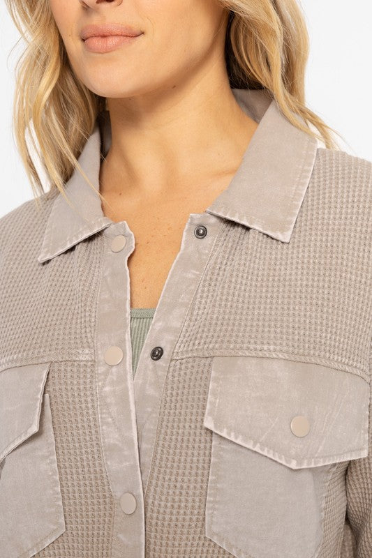 Holli Waffle Knit Mineral Washed Shacket: Smoky Taupe