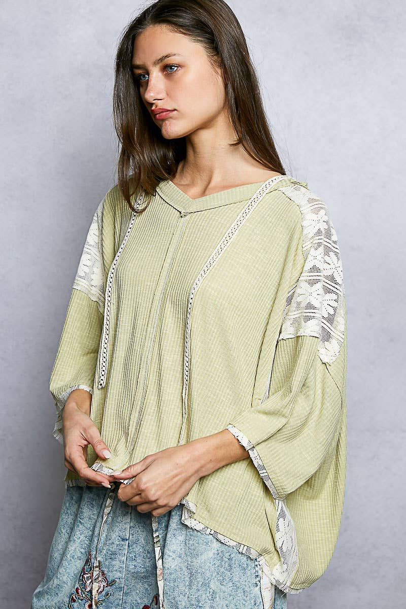 The Hadley Lace Trim Hoodie Top: Pale Sage