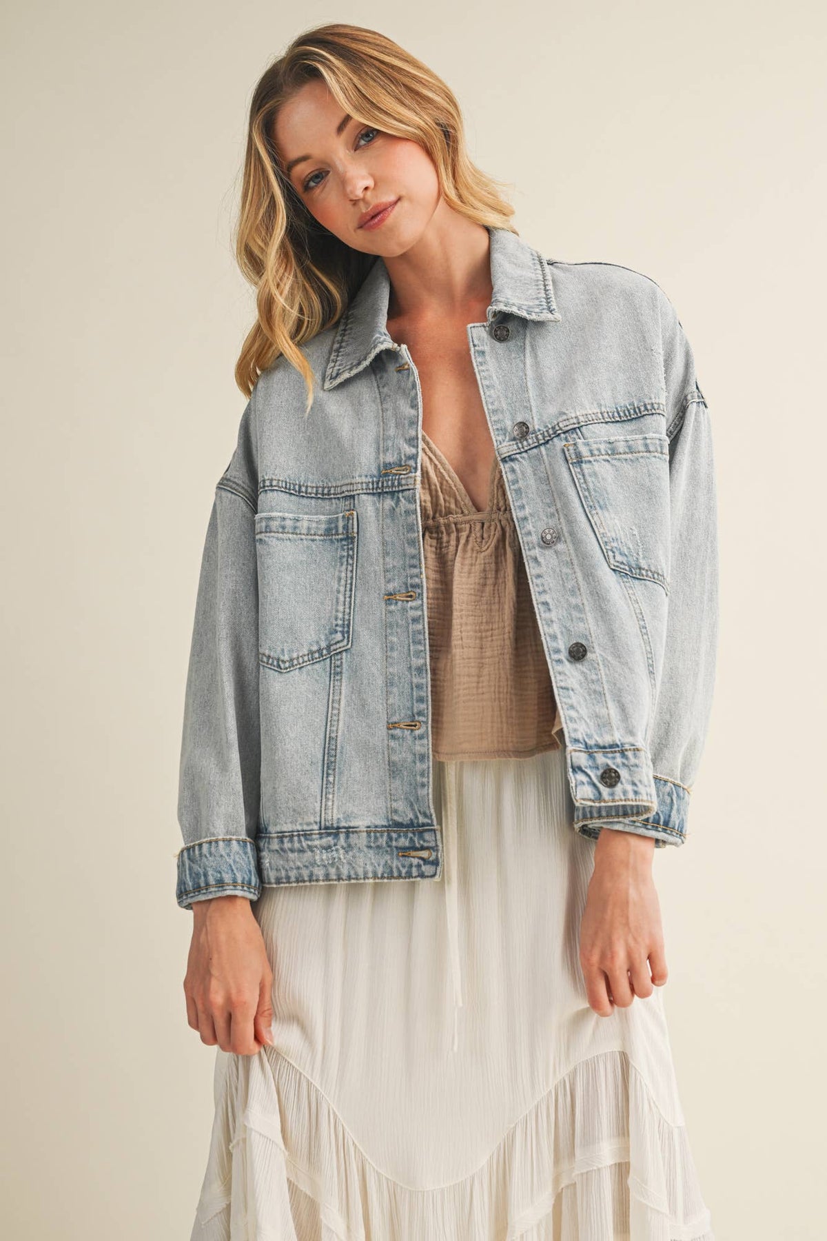 The Everyday Pleated Denim Jacket: Light Wash