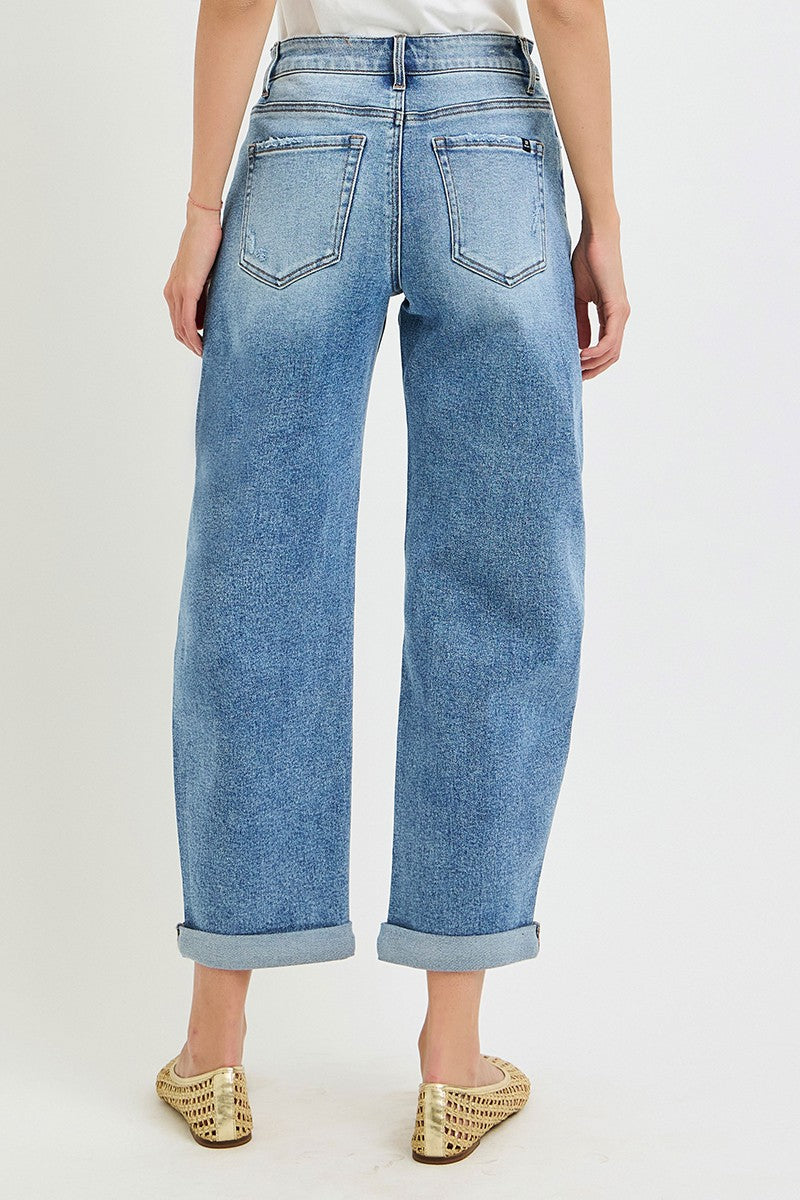 Take It Easy Barrel Jeans: Medium Wash