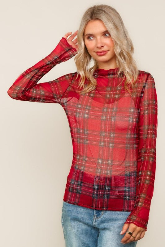Festive Flannel Vibes Mesh Top – Red Plaid Sheer Long Sleeve Holiday Layer