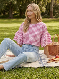 Charming Gingham Scallop Edge Wild Ruffle Sleeve Top VT83548: Brown / S