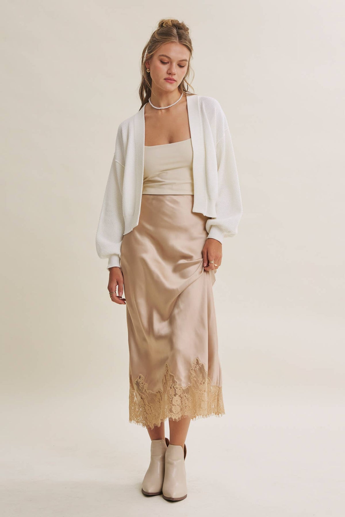 EVERYDAY ESEENTIAL EASY LAYERING BALLOON SLV WAFFLE CARDIGAN: OLIVE / L
