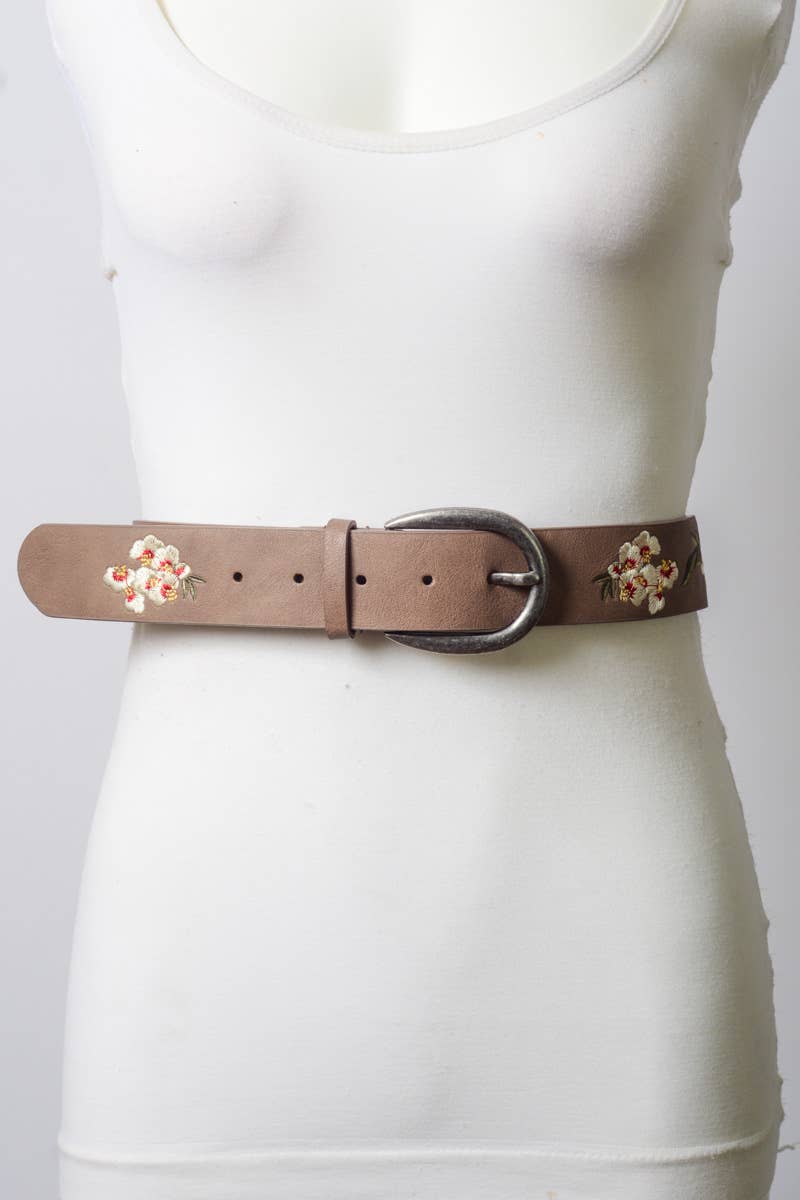 Hibiscus Embroidered Bohemian Belt: Mocha