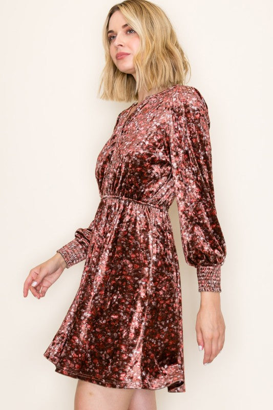 Elowen Velvet Floral Dress – Long Sleeve Smocked Waist Holiday Party Mini Dress with Pockets
