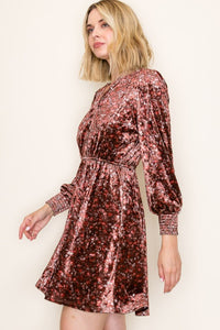 Elowen Velvet Floral Dress – Long Sleeve Smocked Waist Holiday Party Mini Dress with Pockets