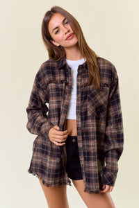 Rory Fringe Hem Flannel: Black/Brown – Oversized Plaid Button Down Shirt