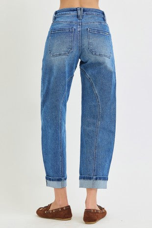 Risen "Curve Appeal" Mid Rise Crop Curved Seam Barrel Jeans: Medium Wash